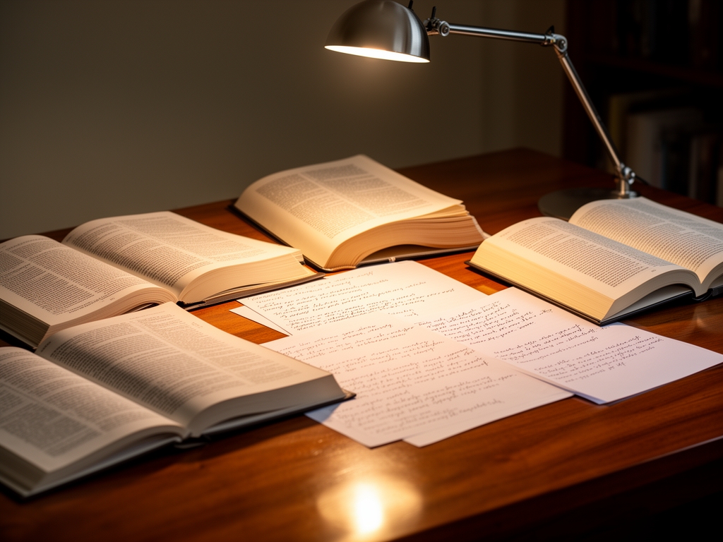 Neatly organised open reference books on a polished wooden table with a single reading lamp casting warm light across handwritten research notes