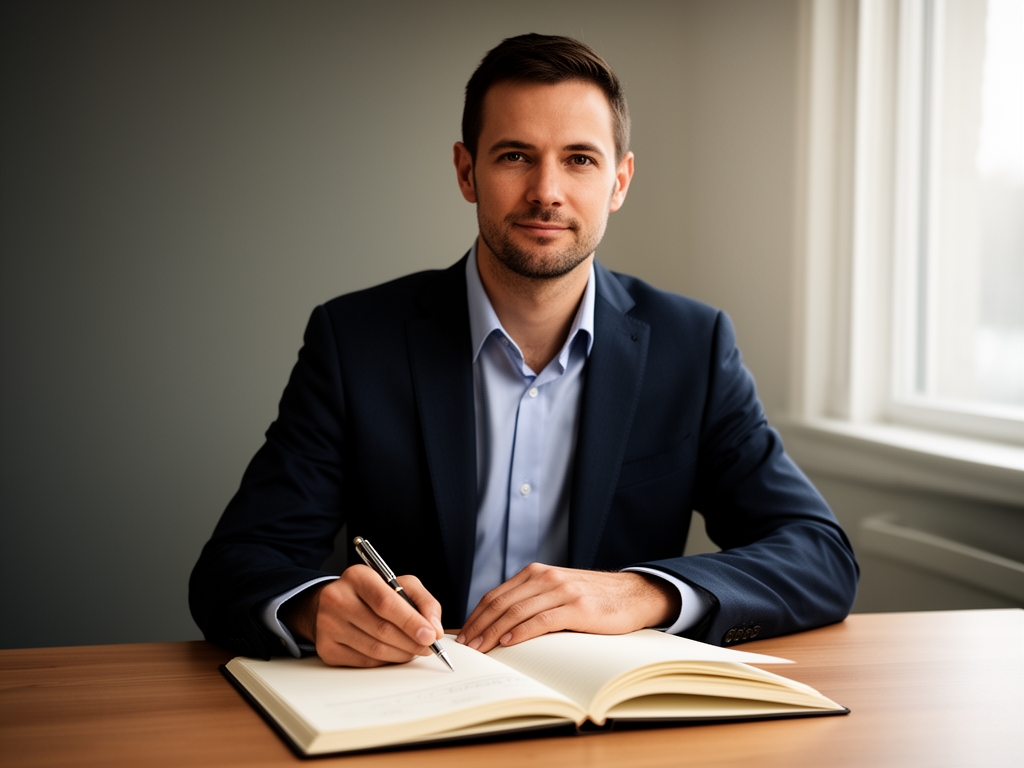 Quiet writing desk with an open notebook, a pen resting on a page, and soft natural light from a nearby window creating a calm and reflective atmosphere