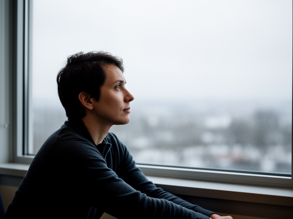 Person sitting alone at a window in thoughtful contemplation, looking out at an overcast sky with soft diffused light creating a reflective mood