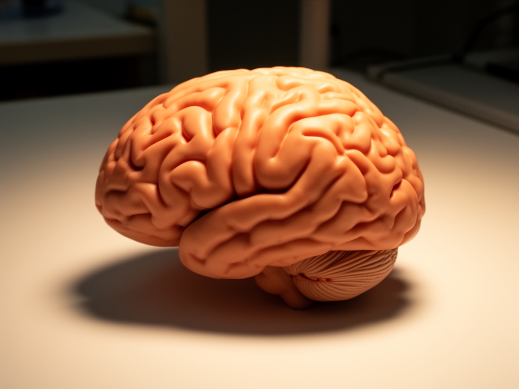 Close-up of a human brain model under warm directional laboratory lighting, placed on a clean white surface with subtle shadows