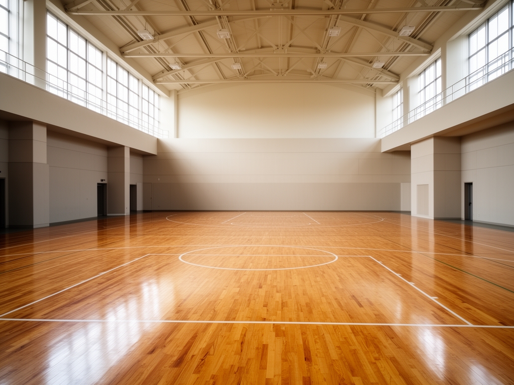 Empty gymnasium with polished wooden floor, natural light from high windows, and clean minimalist architectural lines suggesting purposeful movement space